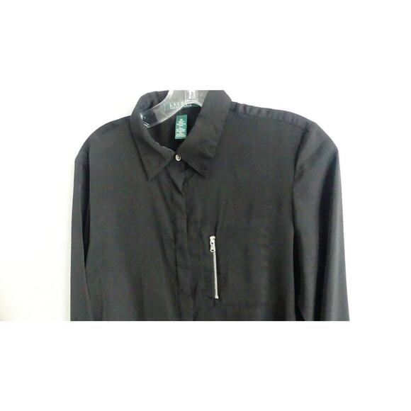 Lauren Ralph Lauren Women's Black Silky Button Front Shirt Zipper Pocket Size M - Picture 3 of 6